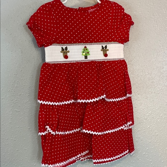 Mud Pie Girls Red Polka Dot Christmas Dress – Smocked Reindeer & Tree, Size 4T - Picture 2 of 11